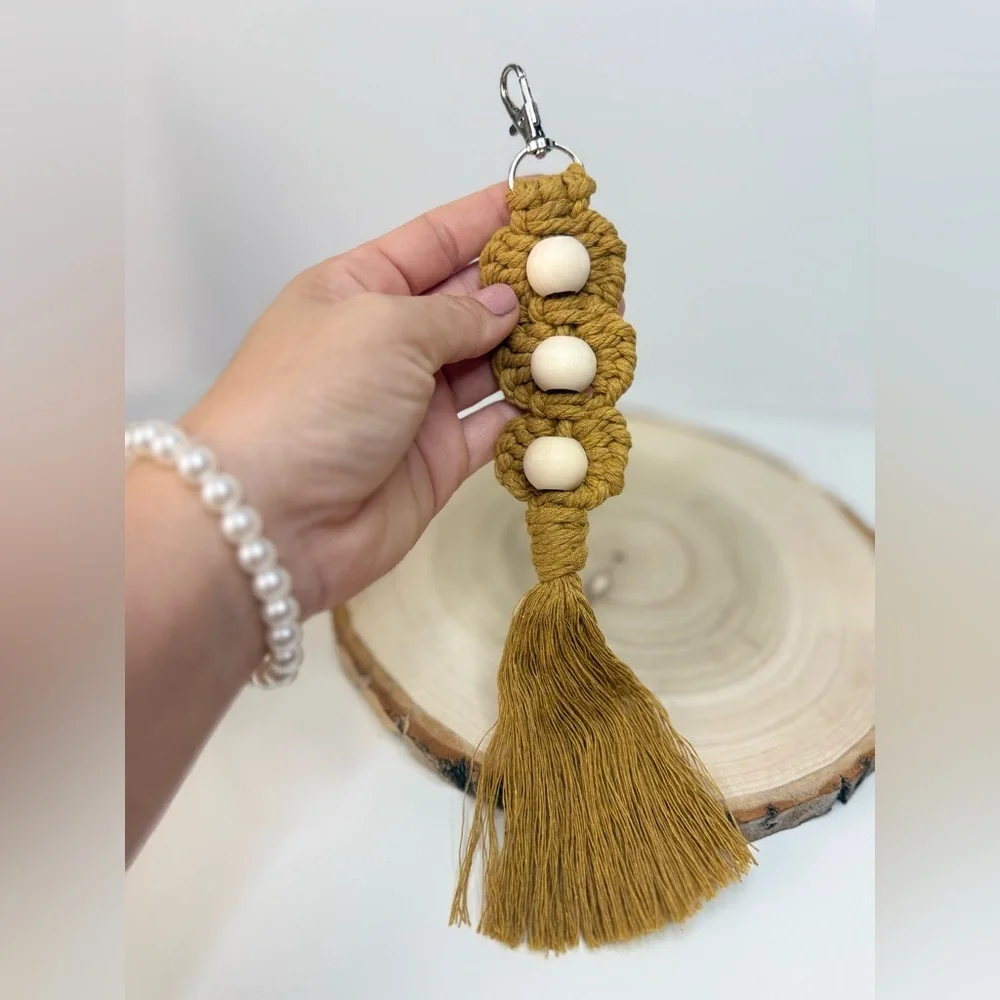 Macrame Handcrafted Floral with Wooden Bead Boho Keychain